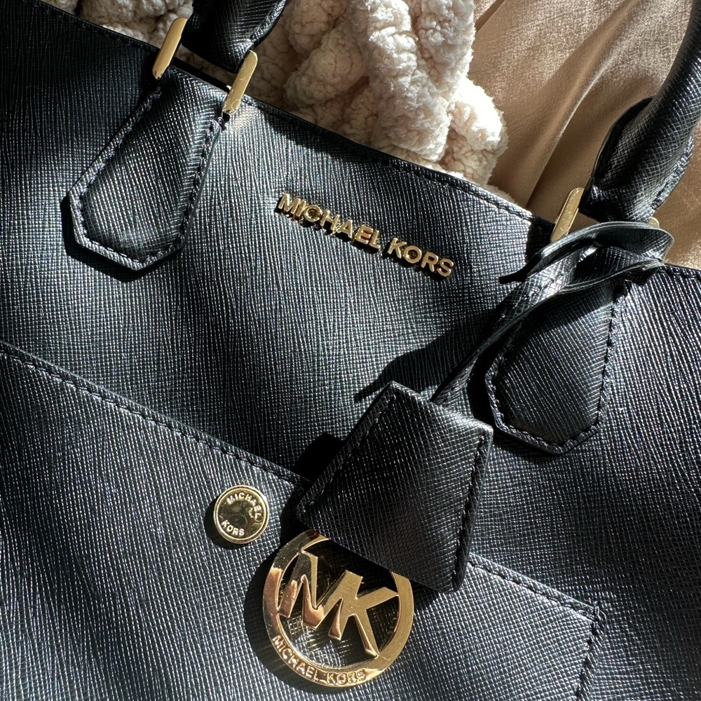 Michael Kors Black Leather Tote with Gold Accents